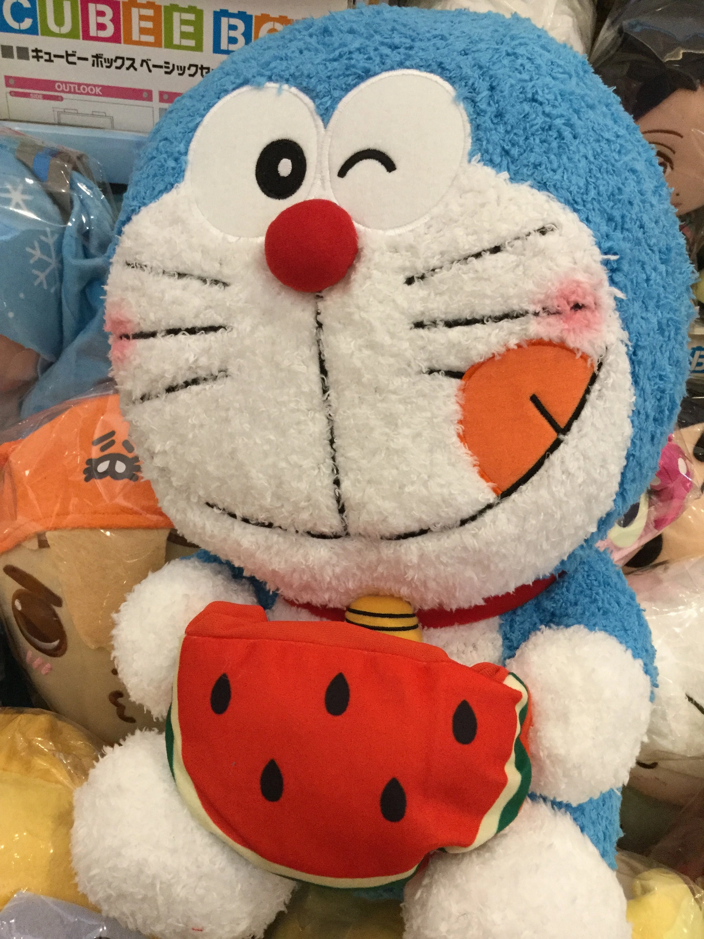 Fitness Model Whole Worker Doraemon Holds Water Melon Furry Medium Plush (In-stock)